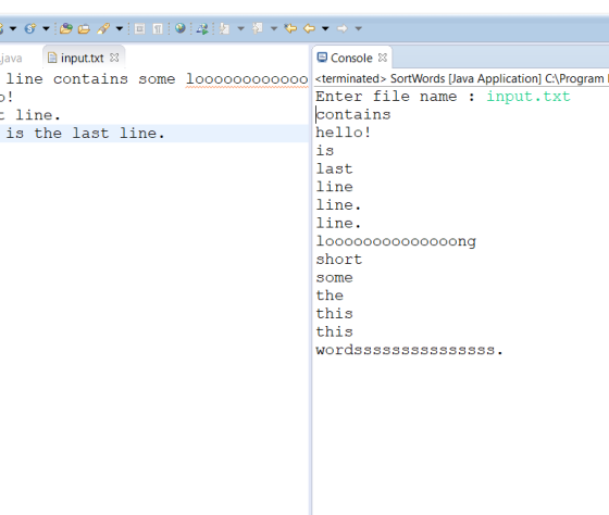 java input.txt 3 line contains some loooooooooooo <terminated>SortWords [Java Application] CAProgram Console Enter file name