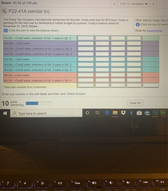 Score: 45.52 of 100 pts 1 of 1 (1 complete) % P22-41A (similar to) Other data for Grady Tire C (Click the icon to view Read t