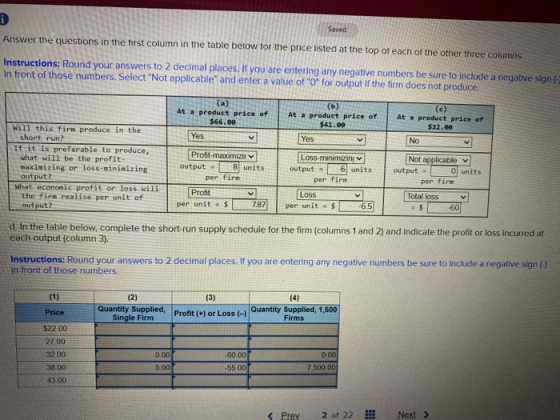 i Saved Answer the questions in the first column in the table below for the price listed at the top of each of the other thre