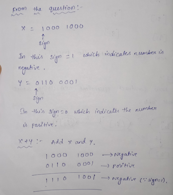 from the question: X - 1000 1000 Sign which indicates number is In this sign - 1 negative. Y = 0110 0001 A sign this signao w