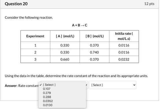 Question 20 12 pts Consider the following reaction. A+BC Experiment [A] (mol/L) [B] (mol/L) Initila rate mol/L.s) 0.0116 1 0.
