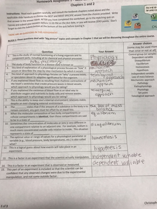 Homework Assigiment Chapters 1 and 2 Instructions: Read each question carefully, and consult the textbook chapters noted above and the applicable slide handouts to choose the BEST and MOST SPECIFIC answer from the choices provided. Write that answer in the answer blank AFTER you have completed this worksheet, go to the matching quiz on Canwas and submit your answers before 11.59 PM on the due date, or you will receive ZERO points. Dont forget to click the Submit button at the bottom af the quiz before leaving i Ce THERE ARE 48 QUESTIONS IN THIS ASSIGNME BLOCK 1: These questions deal with big picture topics and concepts in Chapter 1 that we will be NT Answer choices (some may be used more than once or not at all) Control group (or sample) Question Your Answer This is the study of normal functioning of a living organism and its parts, including all its chemical and physical processes Disequilibrium Equilibrium Homeostasis Hypothesis Patho physiolo 2 The study of body functilons in a disease state is known as 3. This kind of explanation of a physiological process focuses on how it occurs or describes the step-by- step mechanism by which it occurs teleologicae appmoch apprvach . This kỉnd of approach to physiologyfocuses on-whr a proces sexists, or speculates about its adaptive significance for the organism Law of mass balance 5. If you explained blood flow as resulting from rhythmic contractions of mechanis Mechanistic approach Pathology the hearts ventricles that create pressure waves in blood vessels, which approach to physiology would you be taking? If you explained the existence of blood flow as an ideal way to distribute oxygen and nutrients to body cells and remove wastes, which approach to physiology would you be taking? This is the ability to keep ones internal environment relatively stable, despite an ever-changing external environment. 6. Set point Teleological approach 7. . The statesthat iftheamountofasubstanceinthebodyisto the tau R mass remain constant, any gain must be offset by an equal loss When the molecular composition of two body compartments or cellular compartments is identical, then those compartments are said to be in a state of 9. 10. Sometimes the concentration of molecules or lonss very dierent ndisequihonum one compartment relative to an adjacent one. For example, sodium is much more concentrated outside cells relative to inside. This situation represents a state of 11. The optimal value or range of values for a physiological parameter or hameostasi S variable (eg, blood pressure, body temperatures, etc.) is also called what? This is a logical guess about how events will take place in an experiment hyputhesis 12. 13. This is a factor in an experiment that the scientist actually manipulates Inde 14. This is a factor in an experiment that is observed or measured 15. dependent vaaiable This part of an experiment is included so that the scientist can be confident that any observed changes were due to the experimental manipulation, and not some outside factor Christoph 1 of 3