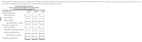 Assuming that the estimated costs for November are the same as for October, prepare a flexible factory overhead cost budget f