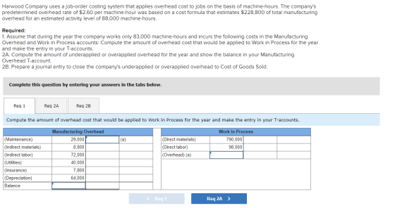 Harwood Company uses a job-order costing system that applies overhead cost to jobs on the basis of machine-hours. The company