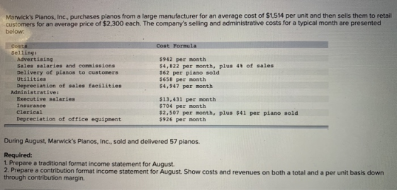 Marwicks Pianos, Inc. purchases planos from a large manufacturer for an average cost of $1,514 per unit and then sells them