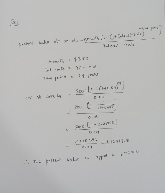 Sol - time period] period ) present value of annuite - Annuity [1-(1+ Interest rate) Interest rate Annuity = $ 3000 Int rate