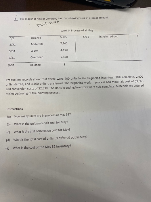 4. The ledger of Kinsler Company has the following work in process account. Due wed. Work in Process-Painting Balance 5,390 5