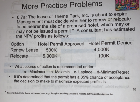 More Practice Problems 6,7a: The lease of Theme Park, Inc. is about to expire. Management must decide whether to renew or rel