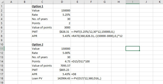 Option 1 Value Rate No. of years Points Value of points PMT APR 5.25% 4 30 $828.31 -PMT(5.25%/12,30*12,150000,0.) 5.43%-RATE