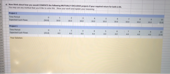 61 a) Now think about how you would COMPATE the following MUTUALLY EXCLUSIVE projects i your required return for both is You moy use any method thot youd lke to solve this, Show your work and explain your reasoning 9 Project 1 10 (5.0) Time Period Expected Cash Flows 01 10.0 100 100 10.0 (50.0) 10.0 10.0 10.0 3 Project 1 4 Time Period 10 4.0 4.0 4.0 4.0 4.0 4.0 Expected Cash Flows (25.0) 4.0 Your Solution 17 18 20 21 23 124 125 126 127 128 129 130