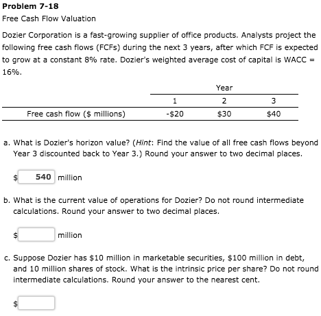 Problem 7-18 Free Cash Flow Valuation Dozier Corporation is a fast-growing supplier of office products. Analysts project the
