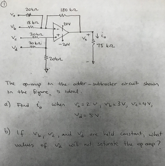 2o4r 180 kr 18 kn I d 20V 3our 3ohur et vot Vlo 875 kr a 20kn / 20v $2our The op-amp in the adder – subtracter circuit shown