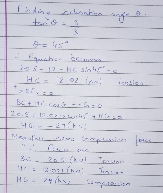 t is disa tan is clination = 3 angle o o o=45° - Equation becomes 20.5-12-HC sis 45=0 HCE 12.021 (KN) Tension. t>Efx=0 BC + H