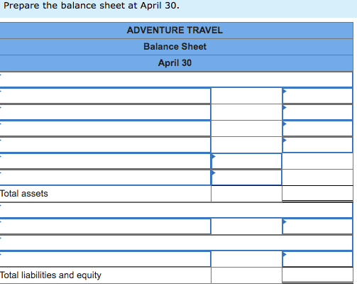 Prepare the balance sheet at April 30. ADVENTURE TRAVEL Balance Sheet April 30 Total assets Total liabilities and equity