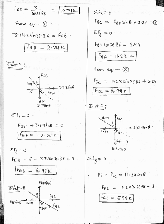 FAE 3 los 36.86 3.74K Efx=0 from eq -0 FBC FBF sind + 2.24 - ③ Efy = 0 374xsin 36-86 = FAB FAB for los 36.86 = 8.99 = 2.24k F