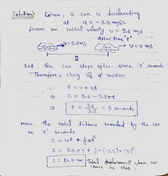 care is Solution ! Girrem, a decelerating at a = 3.2 m/s2 from an initial velocity U= 9.6 m/s After timet u=9.6m/s → Voms S L