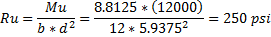Ru = Mu b*d2 8.8125 * (12000) 12 * 5.93752 = - 250 psi