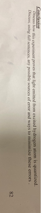 Conclusion Discuss how this experiment proves that light emitted from excited hydrogen atom is quantized. Discuss, using full