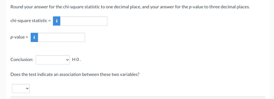 Round your answer for the chi-square statistic to one decimal place, and your answer for the p-value to three decimal places.