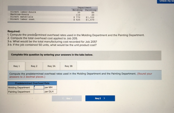 Check my wc Department Molding Painting 30 Direct labor-hours Machine-hours Direct materials Direct labor cost 20 110 $ 270 $