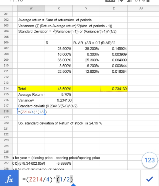 ITU VULIL UT10 - W X АА 201 202 203 Average return = Sum of returns/no. of periods Variance= ( (Return-Average return)^2)/(no
