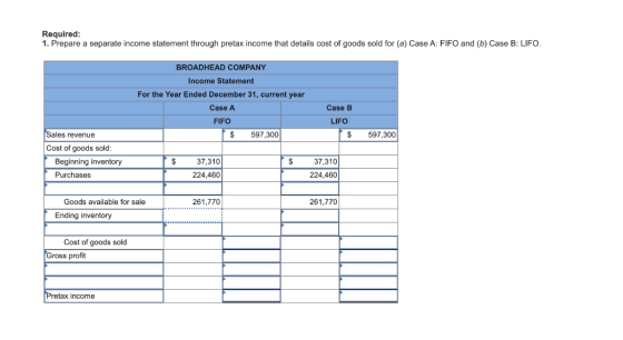 Required: 1. Prepare a separate income statement through pretax income that details cost of goods sold for (a) Case A: FIFO a