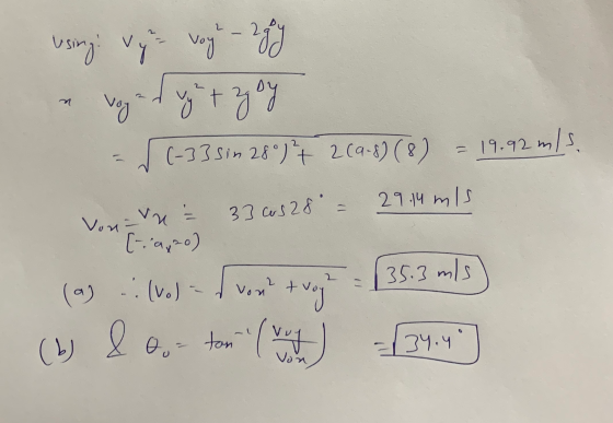 using: vy- voy - 2 gy voy vyt zgoy (-33 Sin 28°) + 269.8) (8) = 19.92 amis. 29.14 mis vn 33 cas 28 Vona vont 35.3 m/s (a) :(
