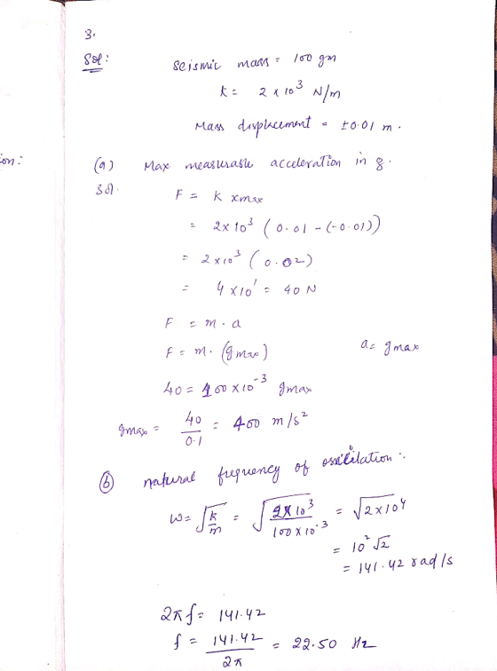 seismic mans loo go 1. t= 2x103 N/m Mans displacement • 10:01 m. May measurable acceleration in g. con a ( $2 F = k xmax - 2x
