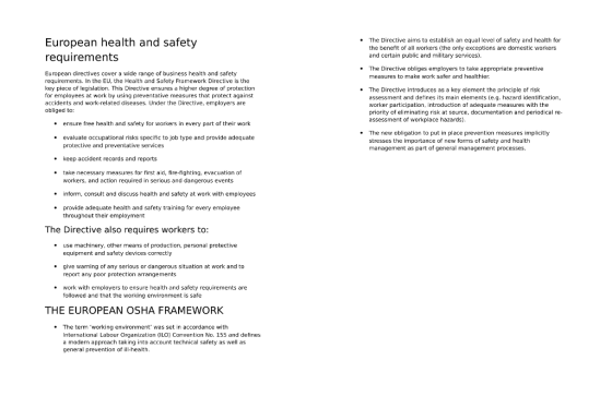 European health and safety requirements The Directive aims to establish an equal level of safety and health for the benefit o