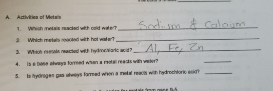 A. Activities of Metals Sndum & Calaum Which metals reacted with cold water? 1. Which metals reacted with hot water? 2. ALF Z