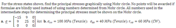 For the stress states shown, find the principal stresses graphically using Mohr circle. No points will be awarded if formulae