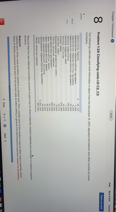 Chapter 1 Homework Seved Help Save & Exit Submit Check my work 8 Problem 1-2A Classifying costs LO C2, C3 The following calen
