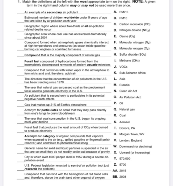1. Match the definitions at the left with the most appropriate term on the right. NOTE: A given term in the right-hand column