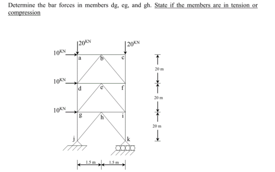 Determine the bar forces in members dg, eg, and gh. State if the members are in tension or compression 120KN 12 120KN 10KN_ 1