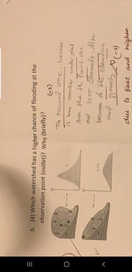 b. (4) Which watershed has a higher chance of flooding at the observation point (outlet)? Why (briefly)? The second one, beca