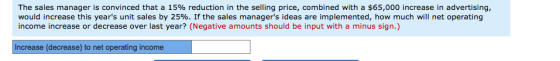 The sales manager is convinced that a 15% reduction in the selling price, combined with a $65,000 increase in advertising, wo