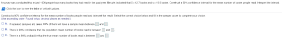 A survey was conducted that asked 1006 people how many books they had read in the past year. Results indicated that x = 12.7