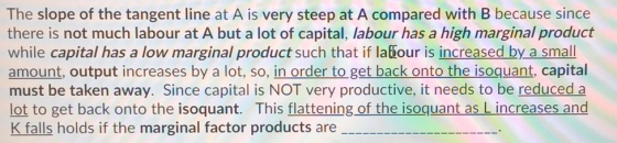 The slope of the tangent line at A is very steep at A compared with B because since there is not much labour at A but a lot o