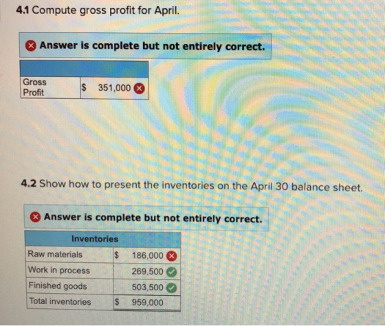 4.1 Compute gross profit for April. & Answer is complete but not entirely correct. Gross Profit $ 351,000 X 4.2 Show how to p