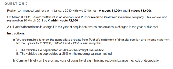 QUESTION 2 Pusher commenced business on 1 January 2010 with two (2) lorries - A (costs £1,000) and B (costs £1,600). On March