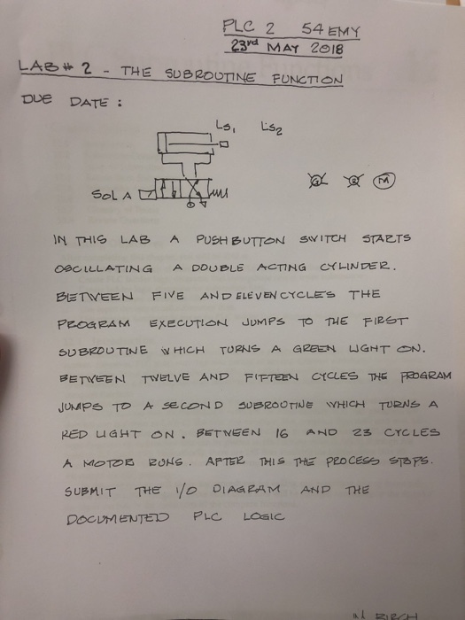 PLC 2 54 EMY 23vd MAY 2o8 LA??2 - THE SUB ROUTNE FUNCTION DUe DATE SOL A OBC ILLATING A DDUBLE ACTING CLINDE2. BETVEEN FIVE AND ELEVEN CYCLES THE SUBMIT THE? DIAG PcAM ANP THE