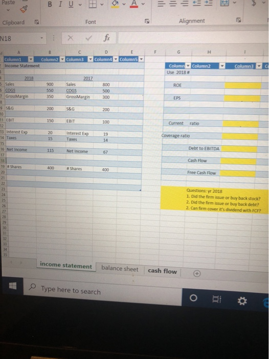 Paste u B I U tu Clipboard Font Alignment N18 Columni Column 2 Income Statement Column3 Columns Columns Column Use 2018 Colum