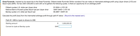Great Pyramids. Inspired by his recent trip to the Great Pyramids, Citibank trader Ruminder Dhillon wonders if he can make an intermarket arbitrage profit using Libyan dinars (LYD) and Saudi riyals (SAR). He has USD1,000,000 to work with so he gathers the following quotes. Is there an opportunity for an arbitrage profit? Citibank quotes U.S. dollar per Libyan dinar National Bank of Kuwait quotes Saudi riyal per Libyan dinar Barclay quotes U.S. dollar per Saudi riyal $1.9324 LYD1.00 SAR 1.9405 $0.2667 SAR1.00 LYDI .00 Calculate the profit (loss) from the intermarket arbitrage profit through path #1 below: (Round to the nearest cent) Path #1: US$ to riyals to dinars to US$ Starting amount Convert to riyals at Barclay quote 1,000,000.00 SAR