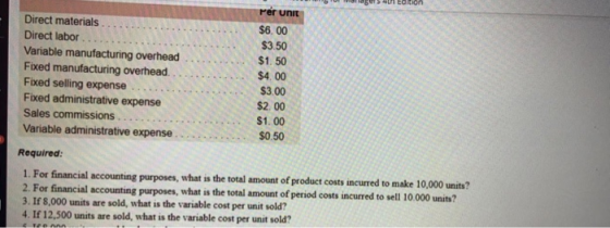 n taition Per Unit Direct materials $6.00 Direct labor $3.50 Variable manufacturing overhead $1.50 Fixed manufacturing overhe