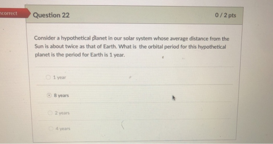 correct Question 22 0/2 pts Consider a hypothetical planet in our solar system whose average distance from the Sun is about t