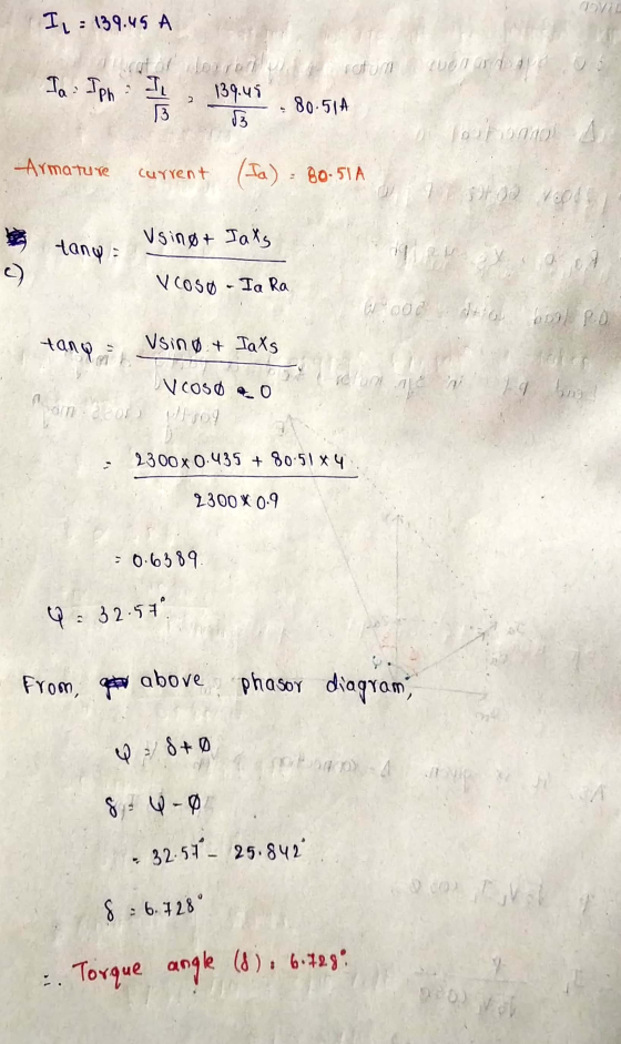 I = 139.45 A wenandapo u Ia Iph I 3 doorodu rotor 139.45 80-51A B Tostomo a Armature current (Ia) = 80.51A tany Usinør Jaxs V