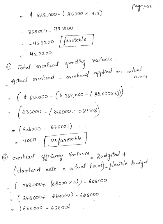page :03 = $ 368,000-( 86000 x 9.2) 368000 - 79200 = -423200 favorable] 423200 © Total overhead Spending variance. Actual ove