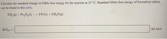 Calculate the standard change in Gibbs free energy for the reaction at 25 °C. Standard Gibbs free energy of formation values