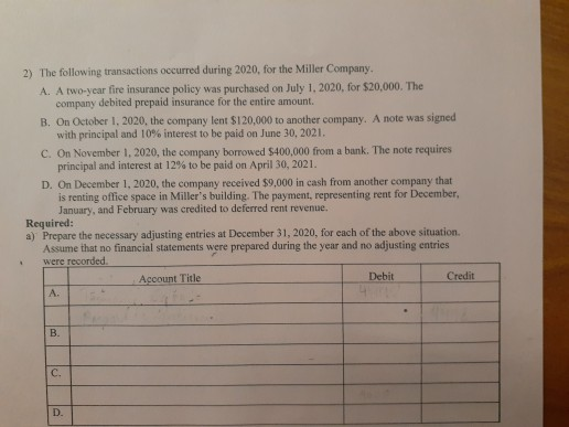 2) The following transactions occurred during 2020, for the Miller Company. A. A two-year fire insurance policy was purchased