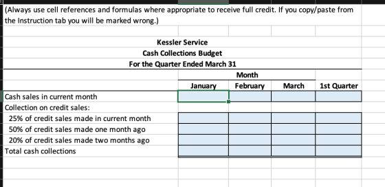 (Always use cell references and formulas where appropriate to receive full credit. If you copy/paste from the Instruction tab